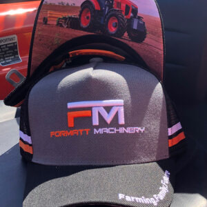 Grey-Black Formatt cap with printed Kubota tractor image on the underbrim